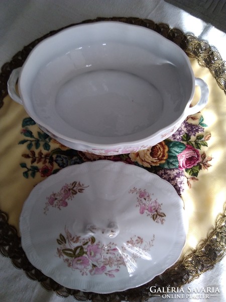 Antique porcelain soup bowl with a pink flower pattern, with a number stamped into the mass!