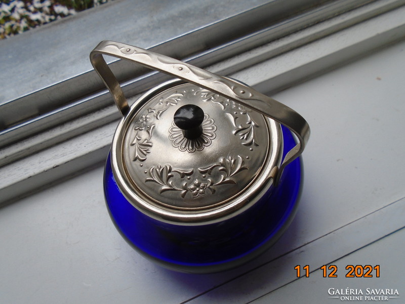 Cobalt blue glass sugar bowl with silver-plated metal rim, lid and pliers