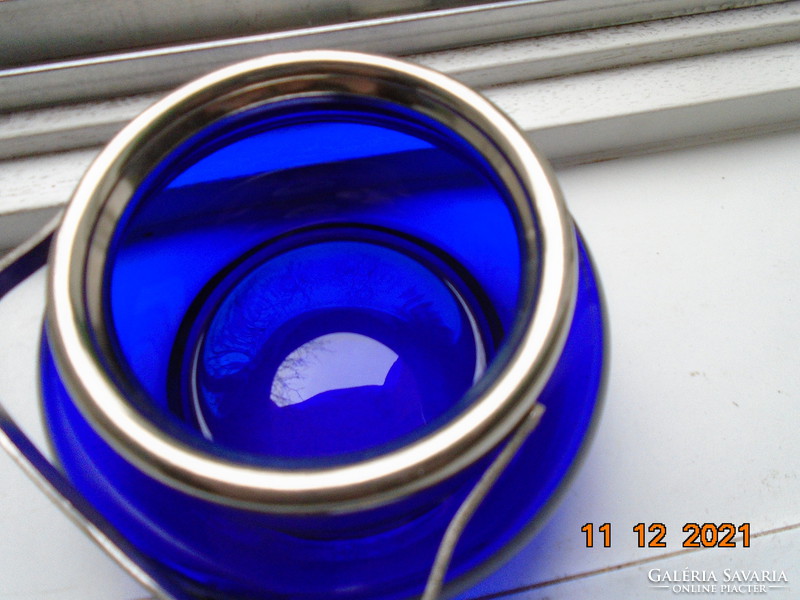 Cobalt blue glass sugar bowl with silver-plated metal rim, lid and pliers