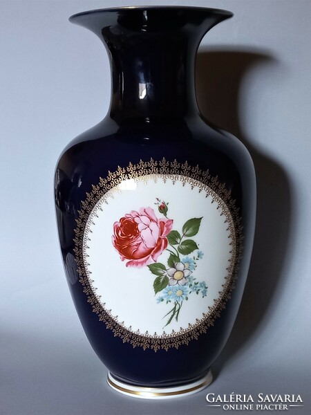 Dekoratív Reichenbach porcelán kobaltkék, rózsás nagyméretű váza