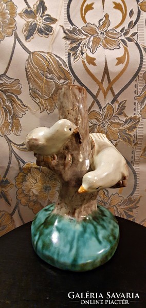 Old, bird-like, ceramic table lamp, assembled, with a greenish, mottled shade, complete. (4.)