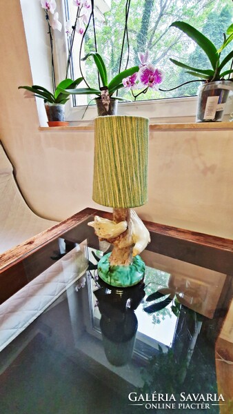 Old, bird-like, ceramic table lamp, assembled, with a greenish, mottled shade, complete. (4.)