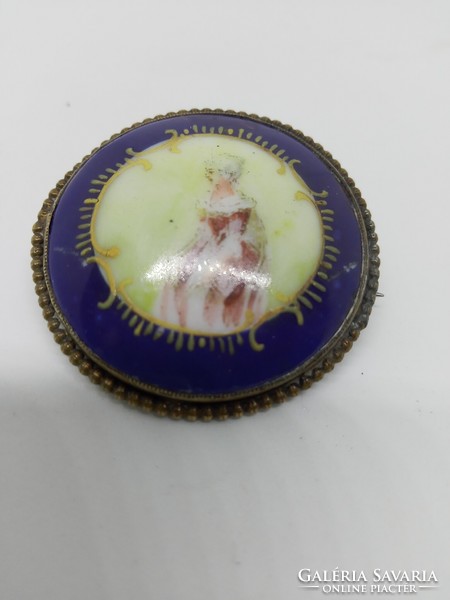 Old cobalt blue porcelain badge with female figure, hand painted