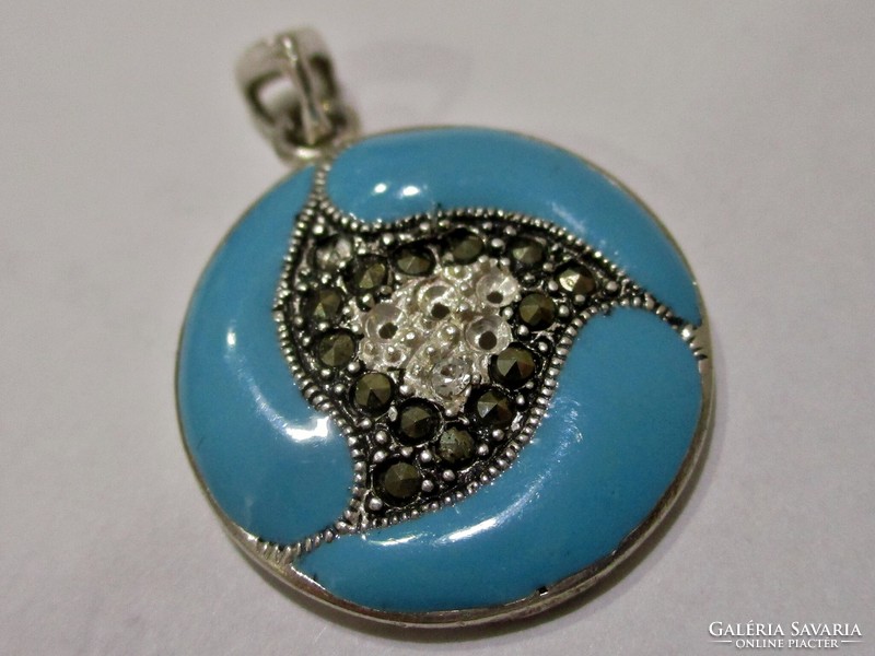 Beautiful blue enamel silver pendant with marcasite