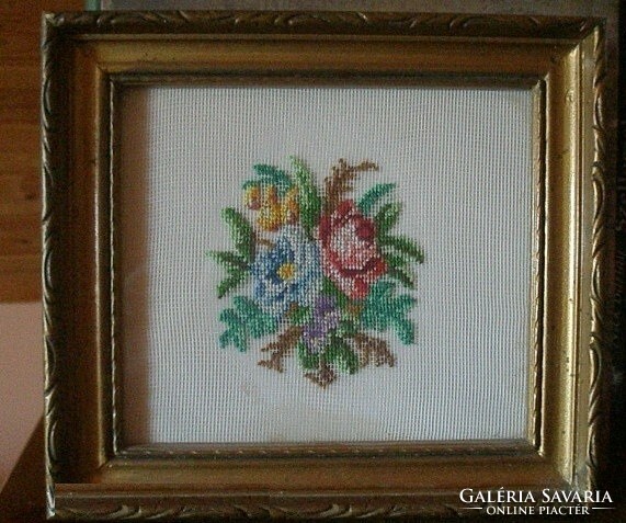 Antique hand-stitched tapestry - original wooden frame