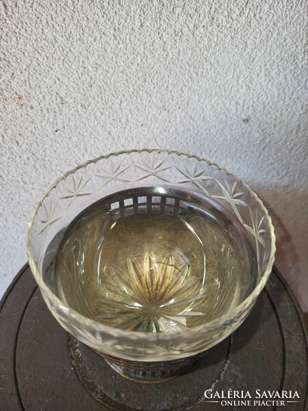Openwork bronze serving base, thin engraved, polished glass with crystal insert.