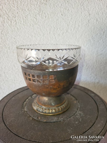 Openwork bronze serving base, thin engraved, polished glass with crystal insert.