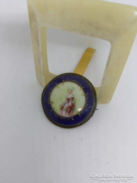 Old cobalt blue porcelain badge with female figure, hand painted