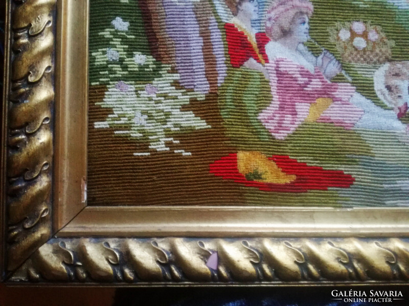 Antique petit point hand-stitched tapestry with silk thread - original wooden frame