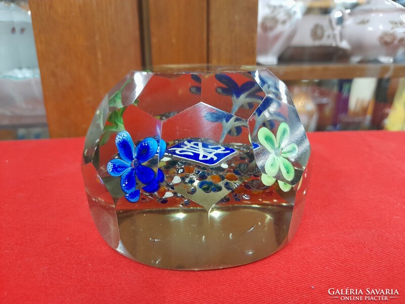 Old large monogrammed flower patterned glass paperweight, glass decoration.