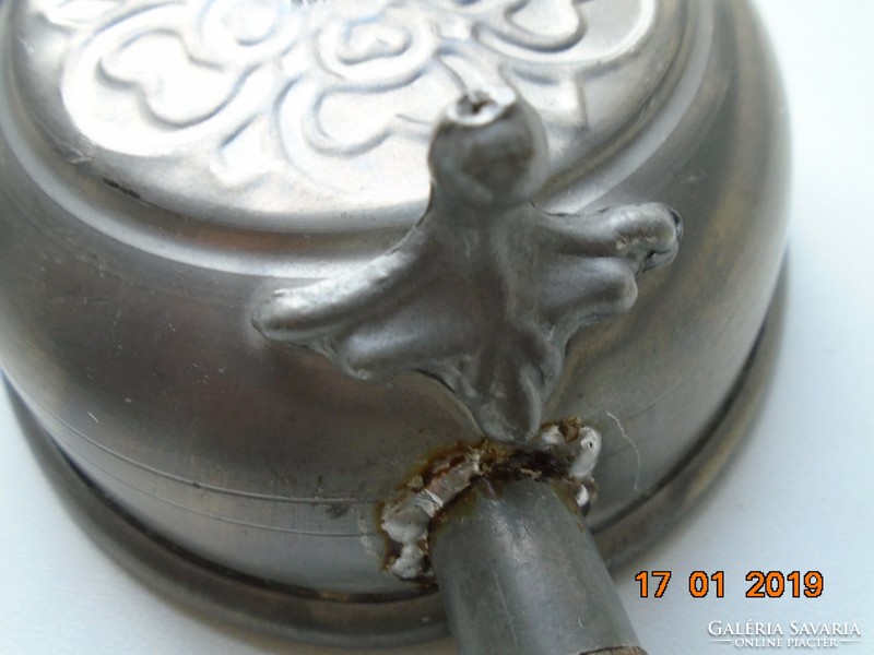 Antique angelic pewter with a mark, convex rosette 3 legs, wooden handle lead spout