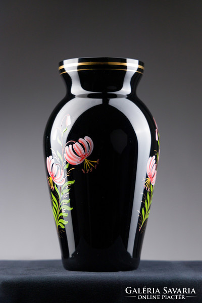 Glass vase, black, with hand-painted flowers
