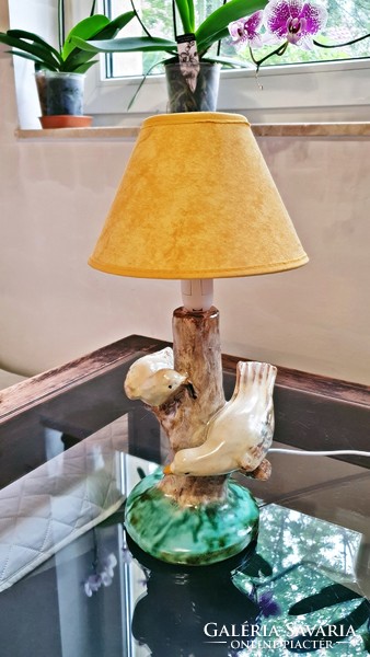 Old, bird-like, glazed ceramic table lamp, assembled, with shade, complete. (6.)