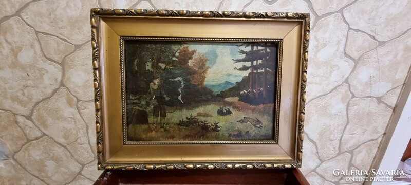 Antique hunter painting !! Rabbit hunting