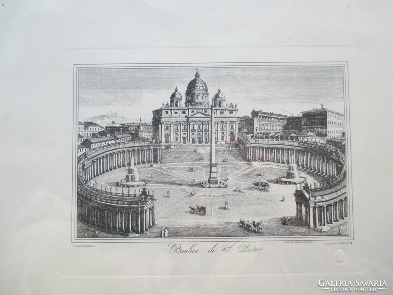 The Roman st. Péter square and the basilica with the Bellini colonnade - antique engraving, 20th century drawing