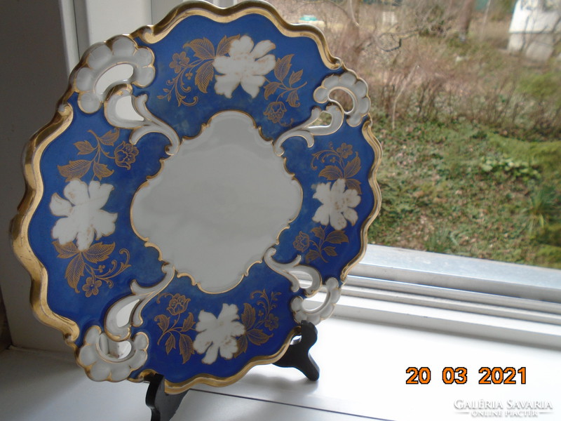 1925 Openwork gold flower pattern royal blue, numbered decorative plate with peacock pmr jaeger & co mark 30.5 cm