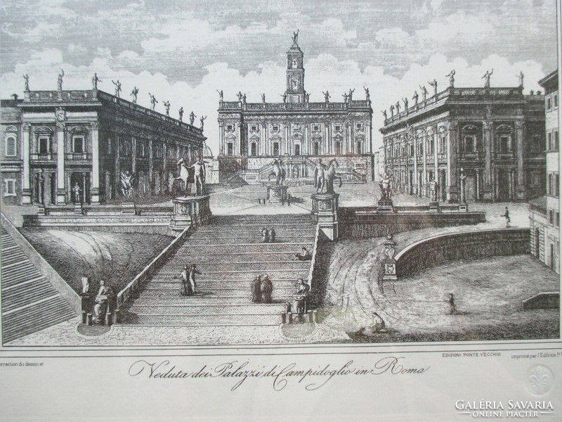 Capitoline Hill and its palaces in Rome: antique engraving 20th century drawing