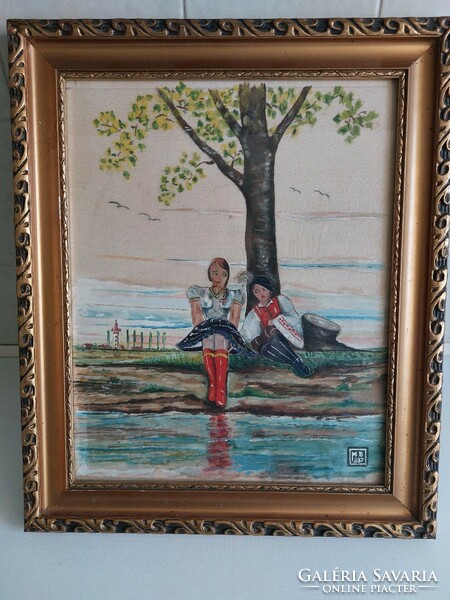 Cozy silk painting made in 1937, signed mb