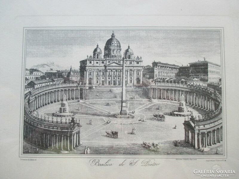 The Roman st. Péter square and the basilica with the Bellini colonnade - antique engraving, 20th century drawing