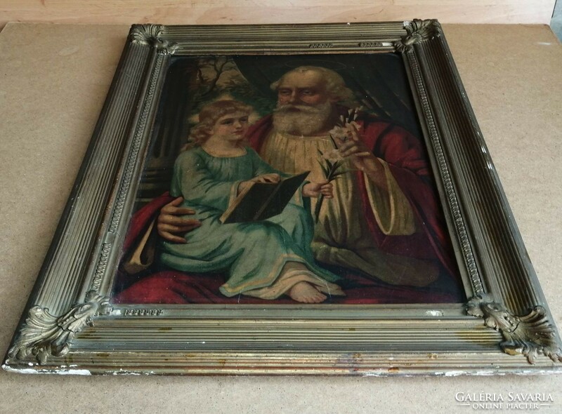 Antik szentkép oltárkép nyomat az Atya és a Fiú keretben, képkeret 53*63 cm
