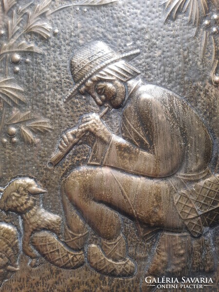A shepherd playing the flute with his animals - Russian wall bronze relief