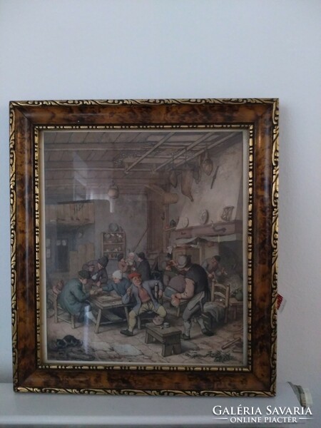 Reproduction of a painting by Adriaen von Ostade in a walnut frame