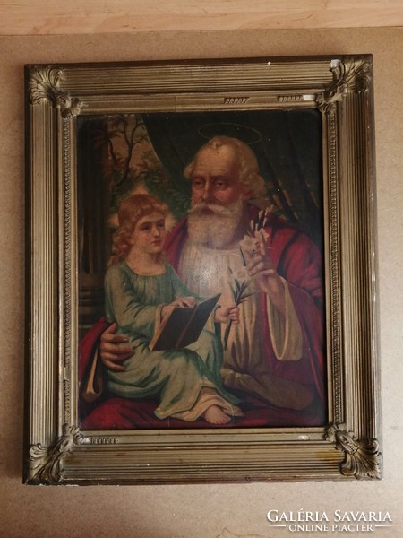Antique holy picture altar picture print of the father and the son in the frame, picture frame 53*63 cm
