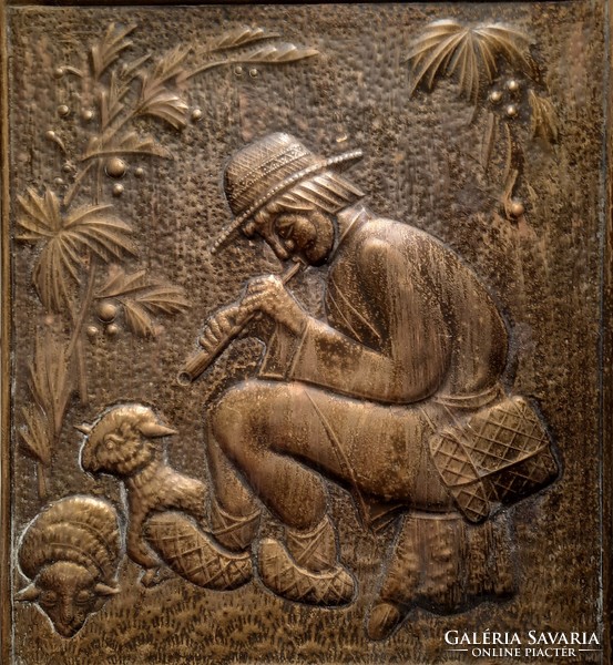 A shepherd playing the flute with his animals - Russian wall bronze relief