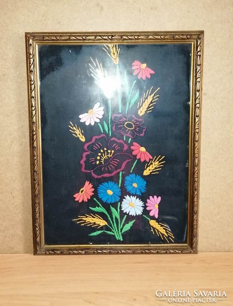 Retro hímzett virágcsokor kép üvegezett képkeret 31*41 cm