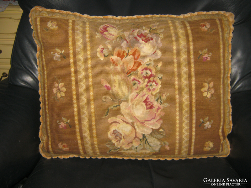 Old tapestry embroidered velvet ruffled ornament pillow