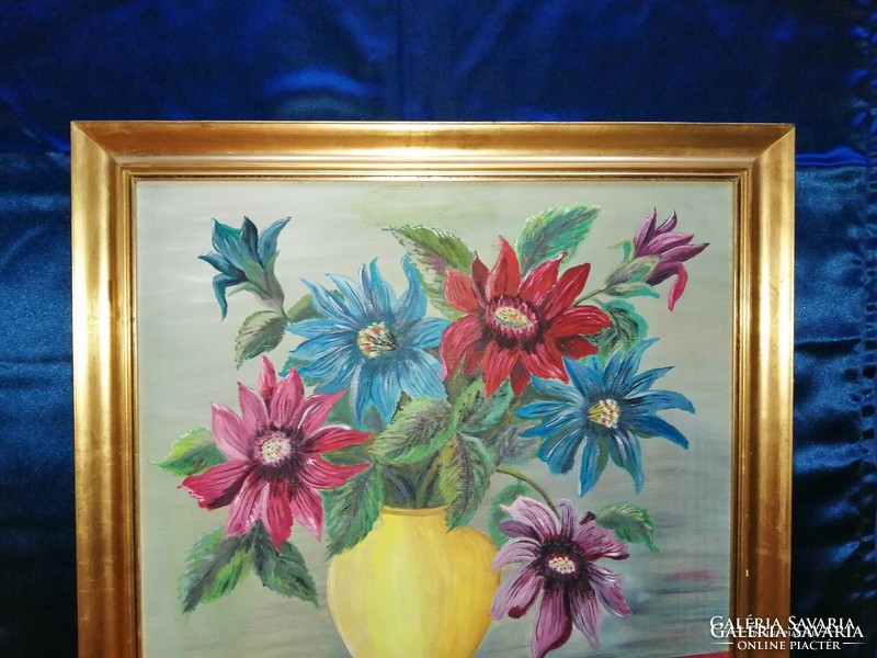 Virágcsendélet festmény arany színű képkeretben 73,5*75 cm
