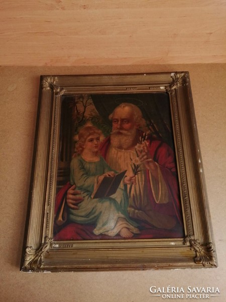 Antik szentkép oltárkép nyomat az Atya és a Fiú keretben, képkeret 53*63 cm
