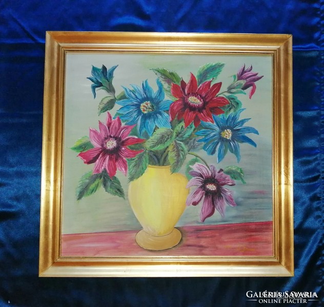 Virágcsendélet festmény arany színű képkeretben 73,5*75 cm