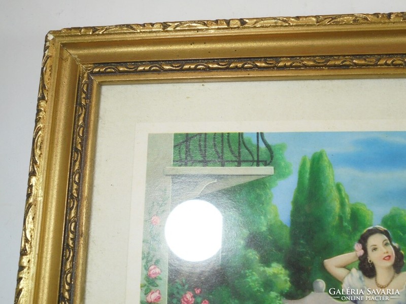 Régi díszes aranyozott fa képkeret olasz nyomtatott képpel - méretei: 33,5 x 27,5 cm