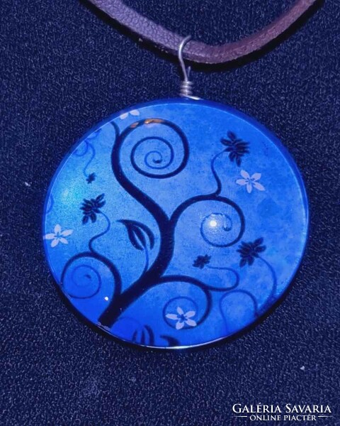 Tree of life blue double large glass lens necklace new! (2081)