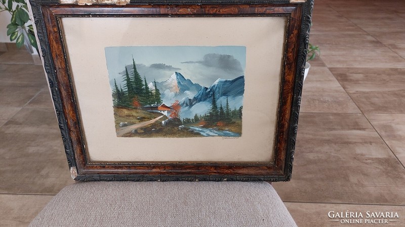 (K) Kis alpesi tájkép festmény 36x30 cm kerettel