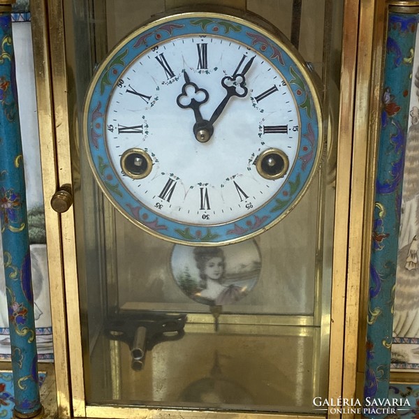 A real specialty! Antique fireplace clock with painted enamel decoration