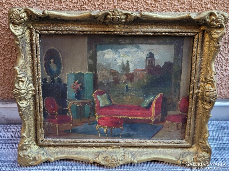 Antique signed interior oil painting