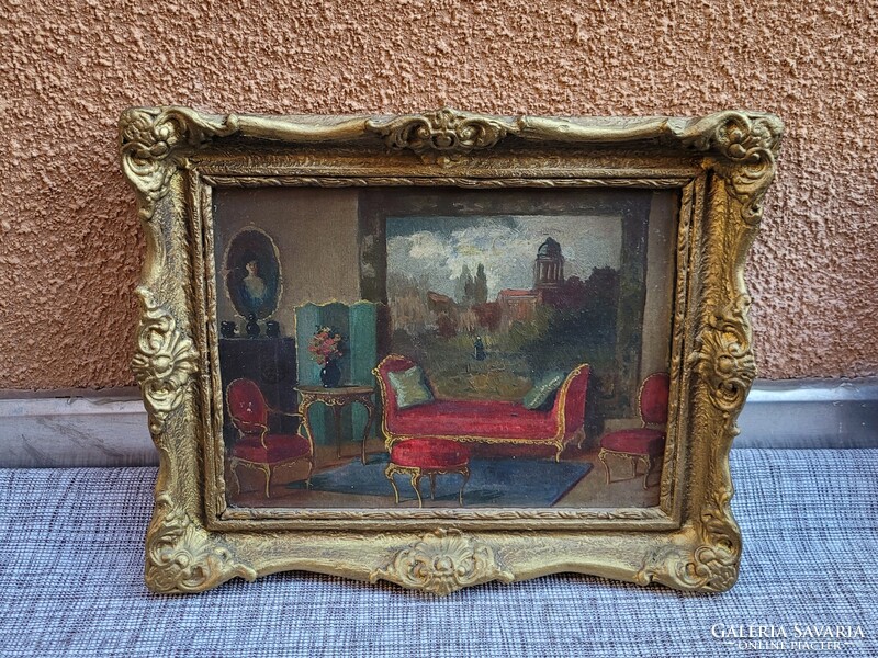 Antique signed interior oil painting