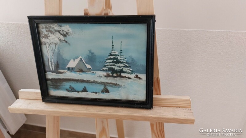 (K) winter landscape painting, with cottage, small lake, 31x24 cm frame