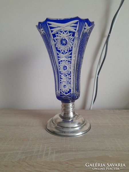 Beautiful huge blue crystal vase with silver base
