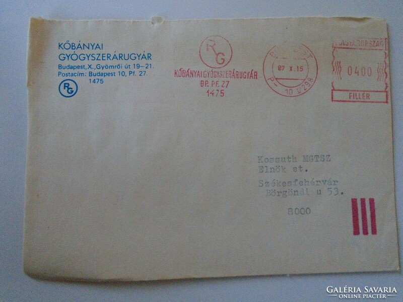 D193740 old letter envelope 1987 Köbány pharmaceutical goods factory rg machine stamp red meter ema