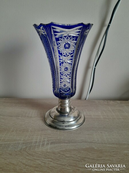 Beautiful huge blue crystal vase with silver base