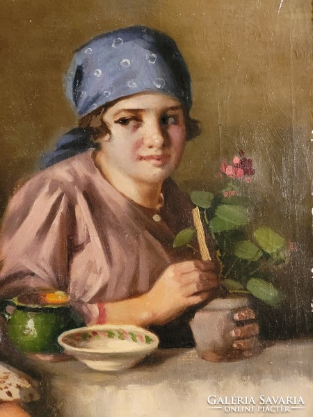 80x60cm Szász István (1878-1965) Szerelmeslevél Kukoricamorzsolás Virágültetés Lányok Népviseletben