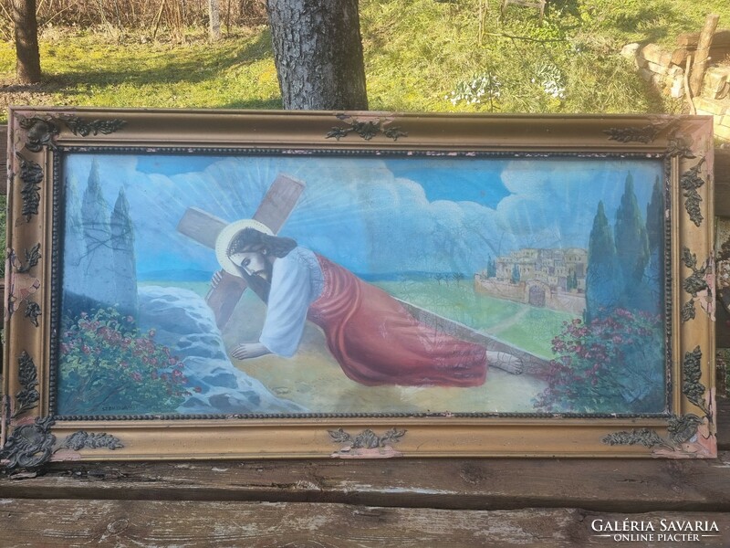 Olaj vászon festmény Krisztus a kereszttel Szentkirályi szignó