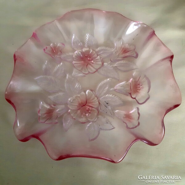 German, pink glass, waltherglass bowl, with rose, flower pattern (not small!)
