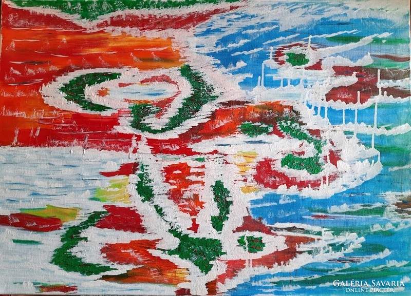 ZSM Absztrakt festmény, 50 cm/70 cm vászon, olaj, festőkés - Égből nézve