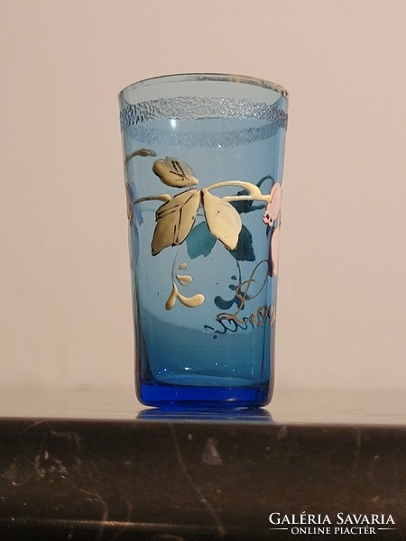 Antik mini pohár Lovran kék emlékpohár virágmintával 5,5cm