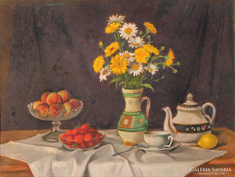 Miklós Bánovszky: still life with strawberries, peaches and lemons, 1968