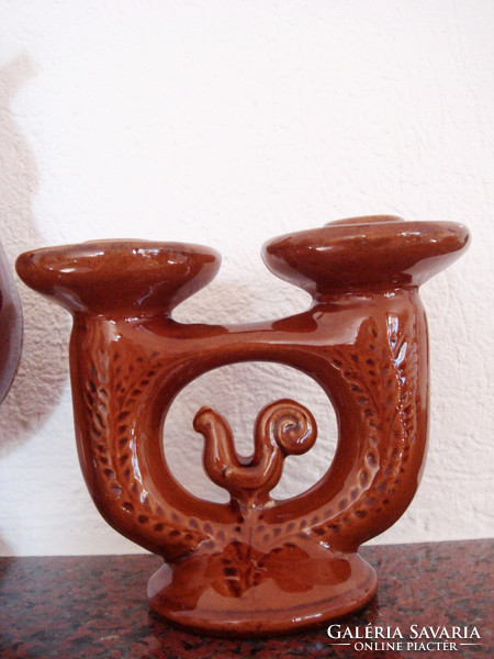 Retro 2 folk ceramic roosters 26.5 cm and candle holder